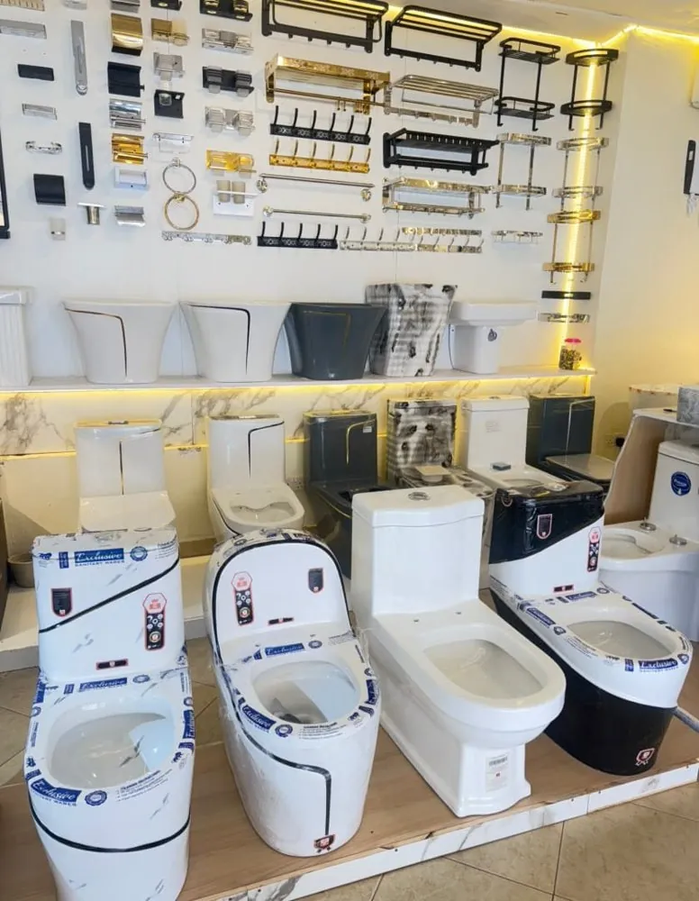 Row of one-piece toilets and bathroom accessories