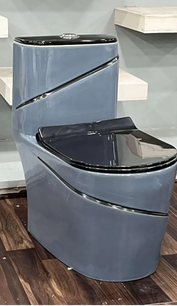 Grey and black one-piece toilet with black seat at Brazil Plumbing Center