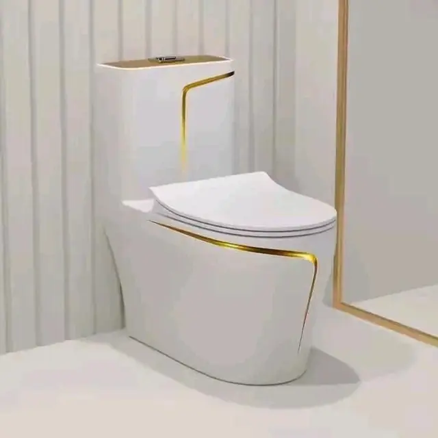 White one-piece toilet with gold trim at Brazil Plumbing Center